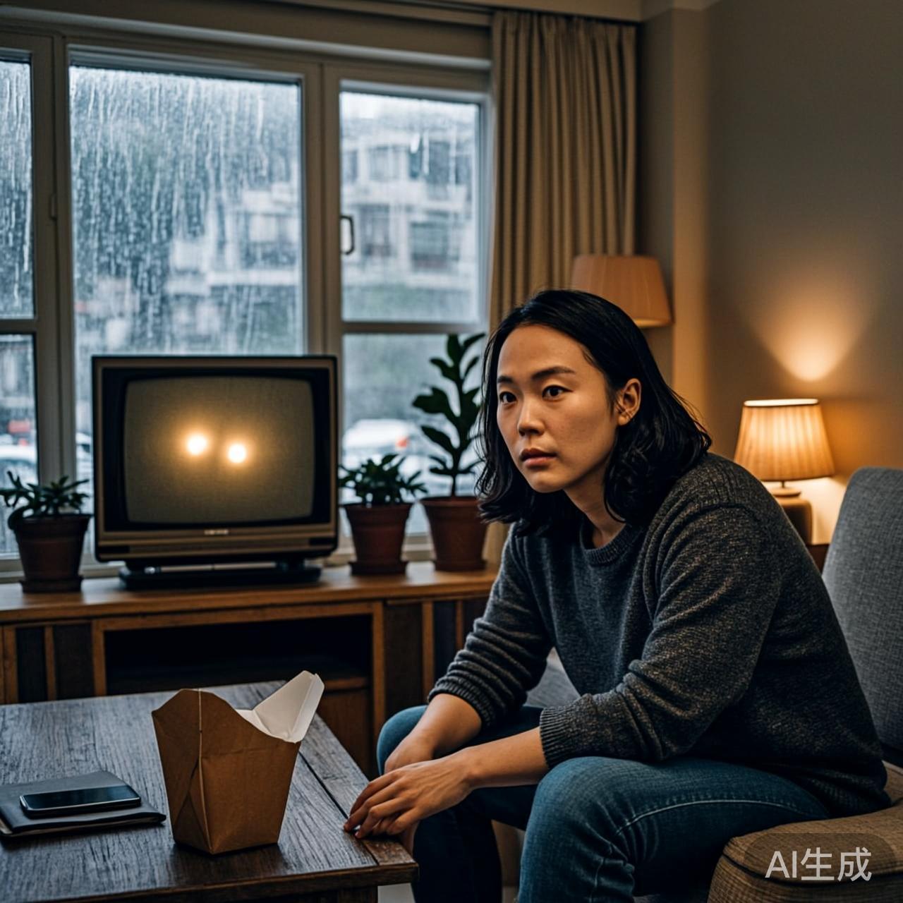 客厅里陪伴独居年轻人的电视剧画面