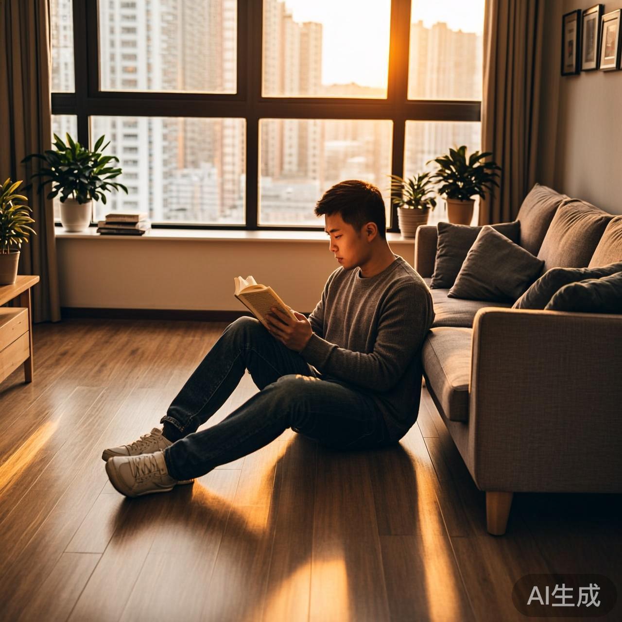 傍晚时分一个人在家窗边安静看书的惬意时刻