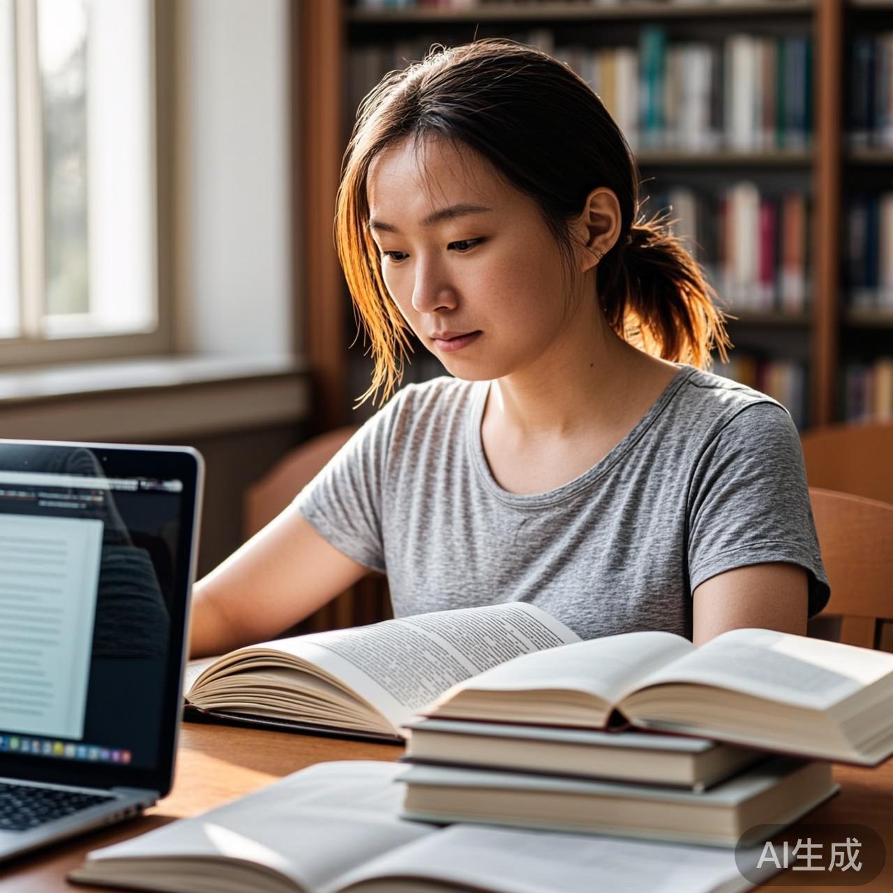 一位女性研究员的办公桌，桌前放着打开的纸质书籍，笔记本电脑屏幕上显示着长文档分析和AI助手界面
