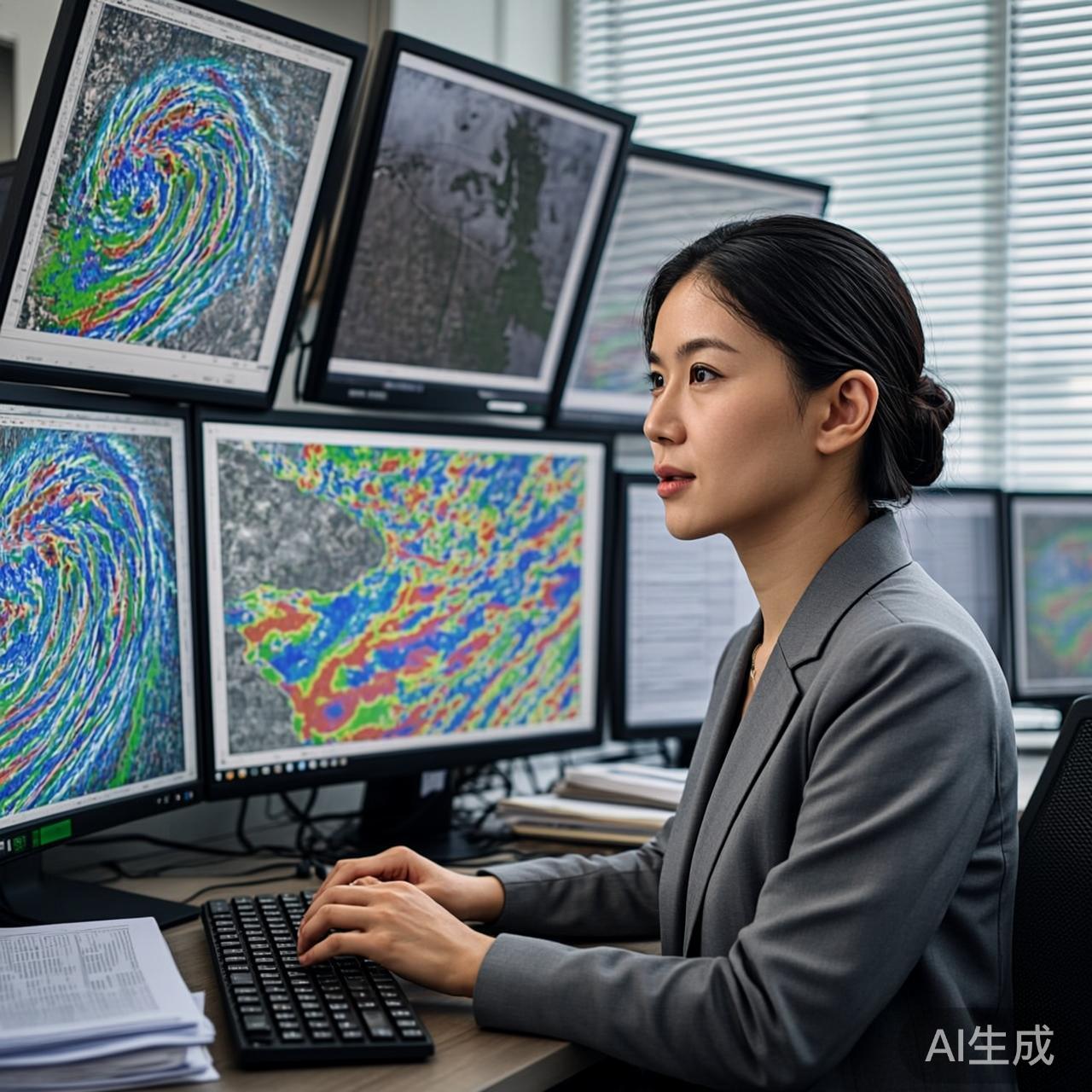 气象学家在工作站前分析数据