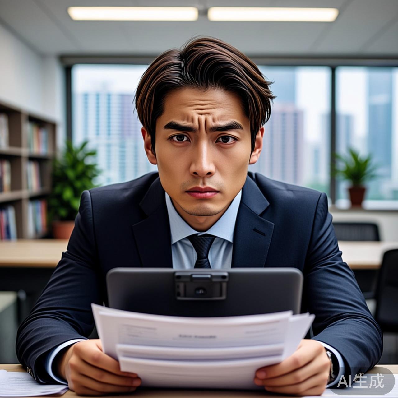 一个年轻人坐在电脑前,表情凝重地盯着屏幕,桌面上放着简历,旁边有一个摄像头正对着他,整个房间光线偏暗