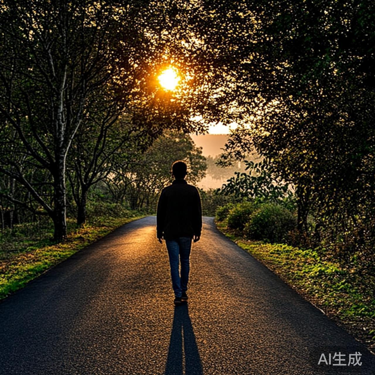 夕阳下独自行走的人影