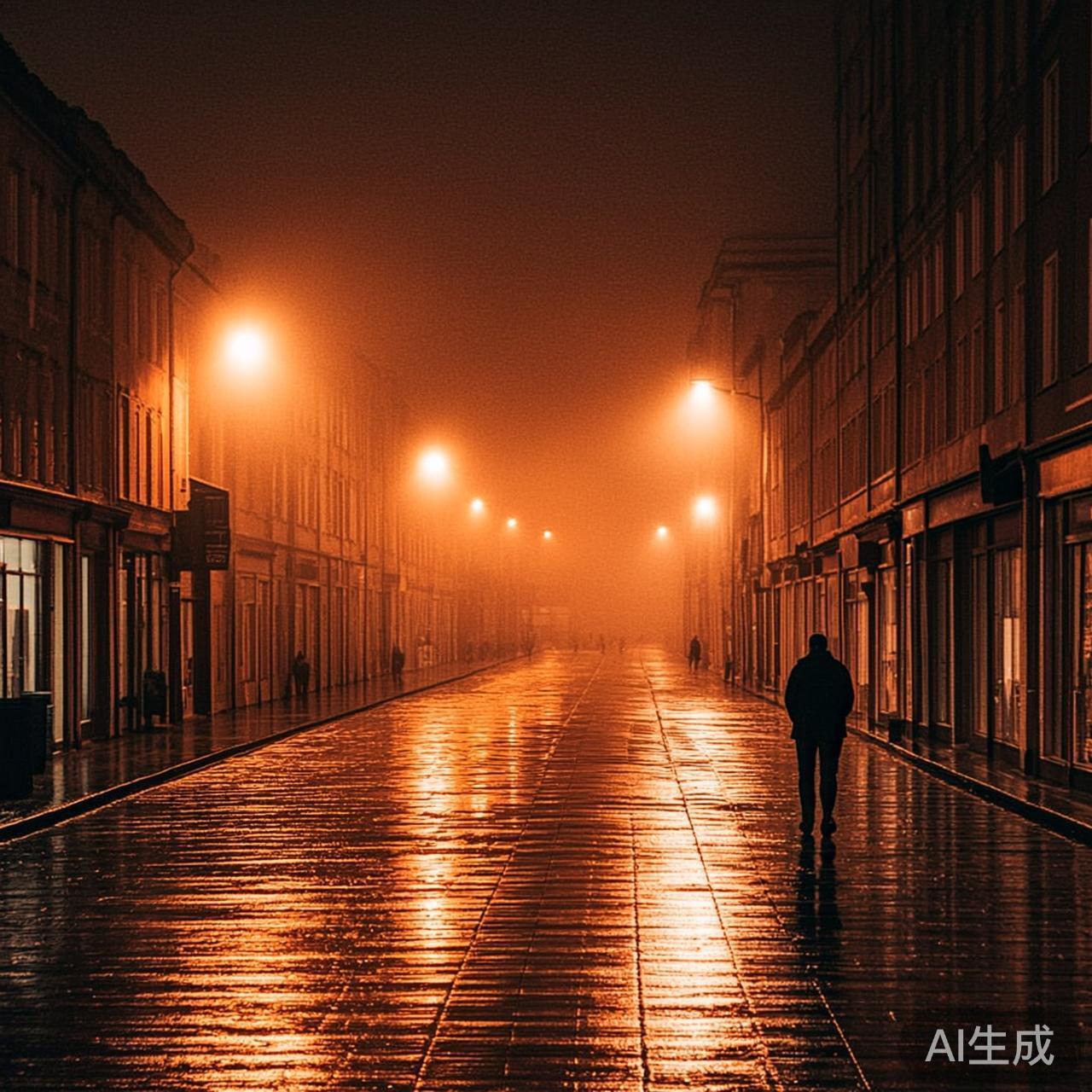 空旷街道的深夜路灯
