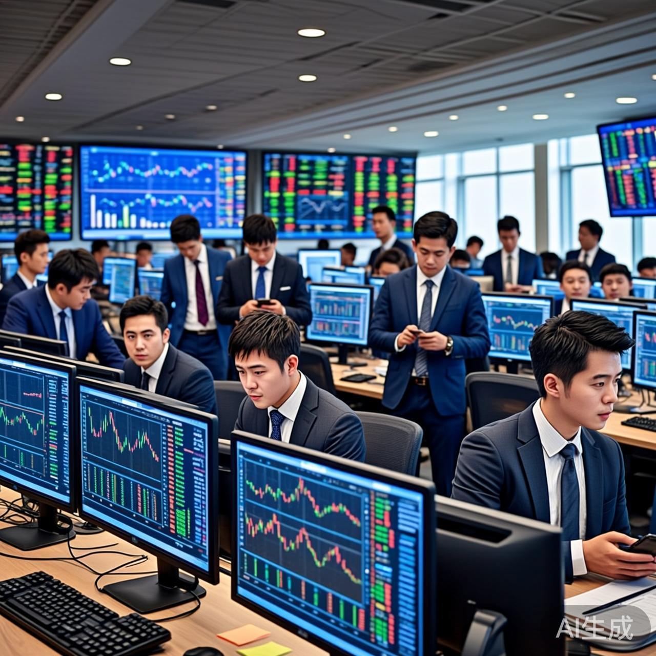 华尔街交易大厅,金融交易员在多个显示股市数据的屏幕前工作,真实摄影风格