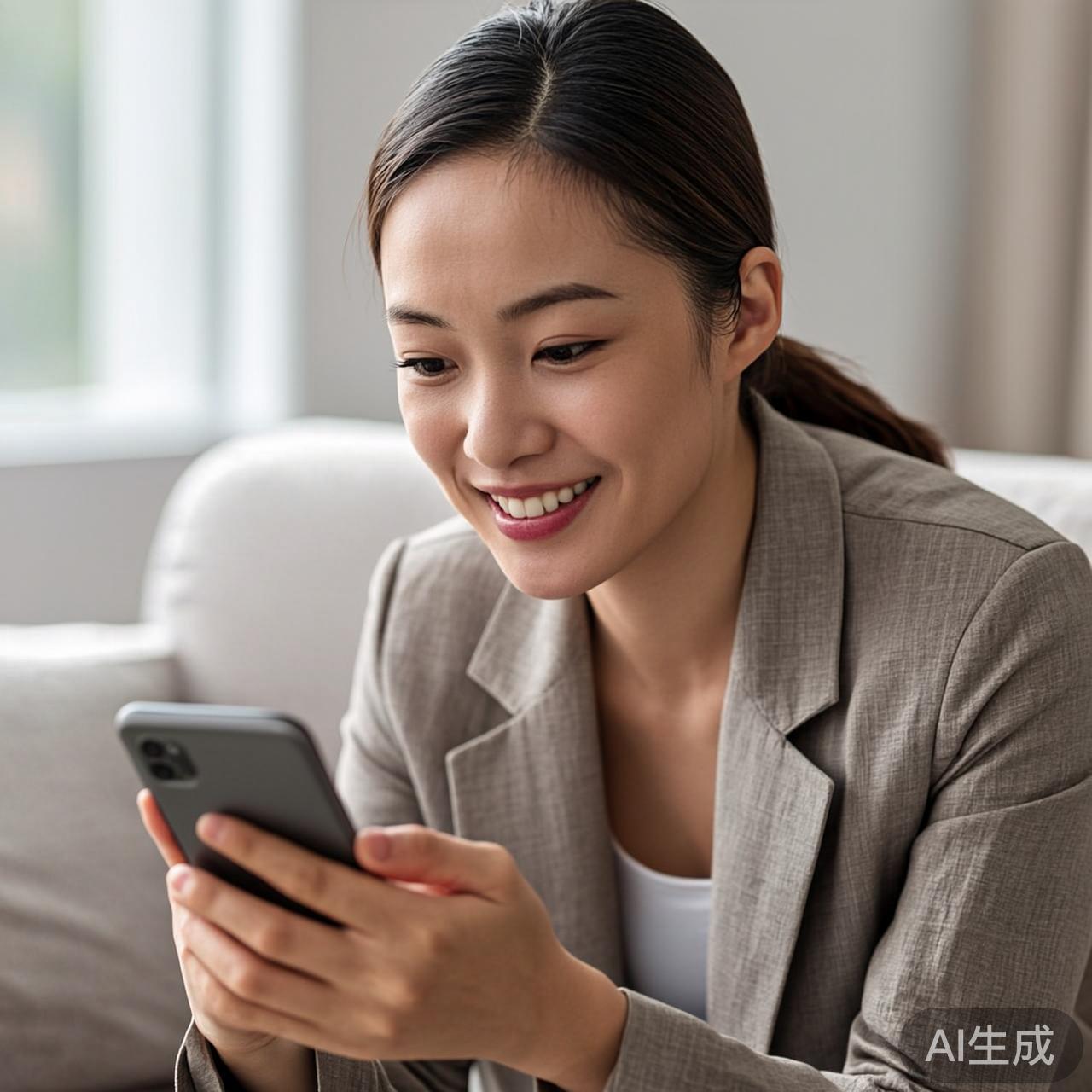 现代极简客厅里,一个年轻人坐在沙发上对着手机说话,手机屏幕显示简洁的对话界面而非传统App图标,柔和自然光,真实生活摄影
