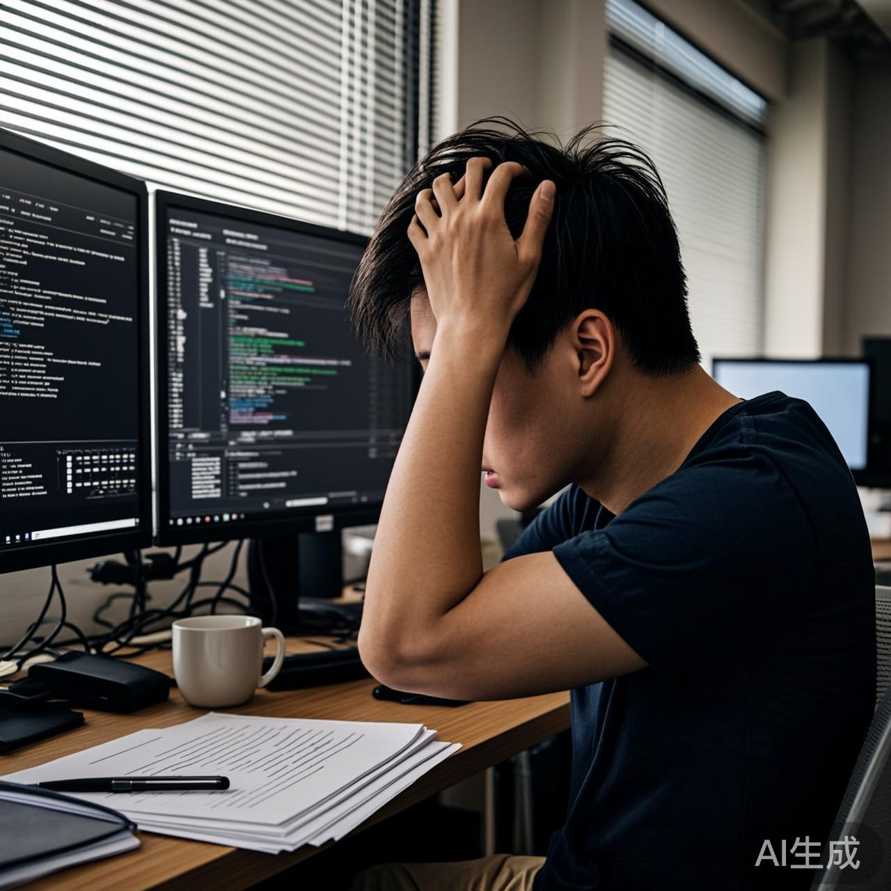 一位程序员坐在开放式办公室工位上,面前双屏显示AI自动生成代码的界面,他双手抱头,神情茫然沮丧