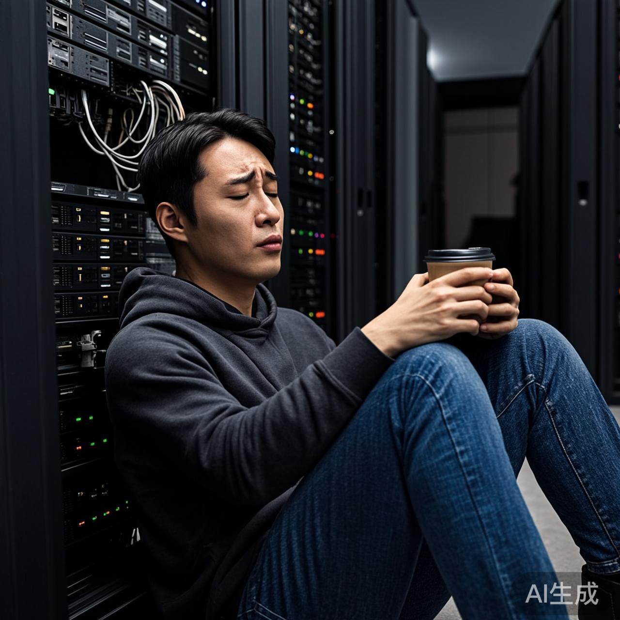 深夜的服务器机房，蓝光闪烁，一个疲惫的工程师正在检查设备