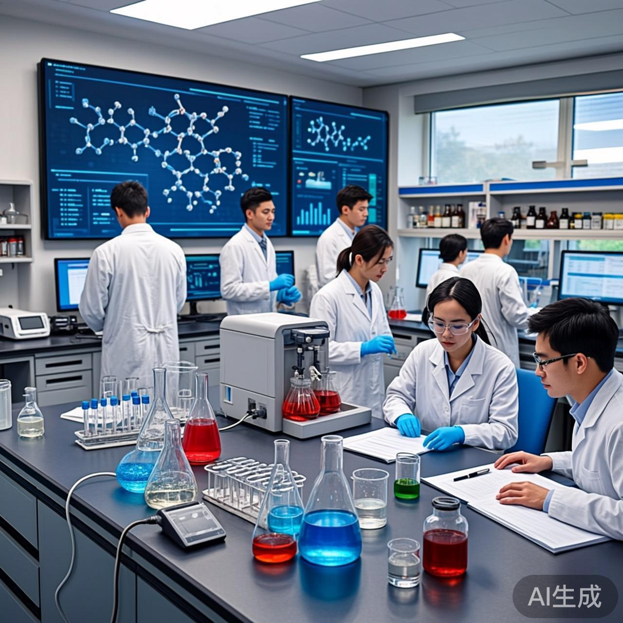 生物实验室中科学家利用AI分析药物分子数据