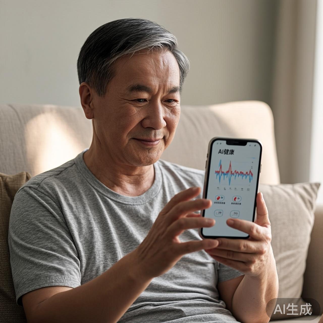 糖尿病患者用手机查看AI健康管理数据