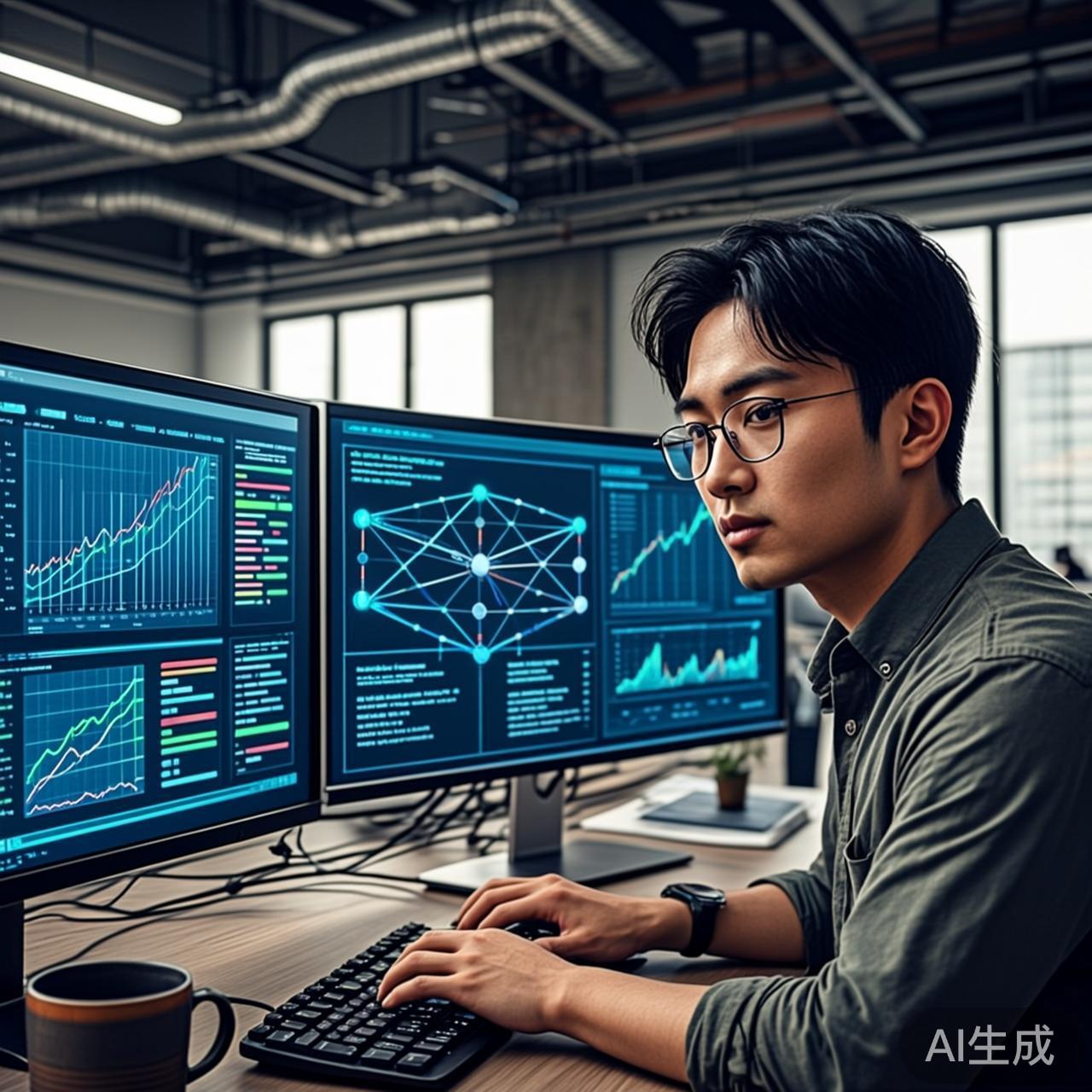 真实科技办公室场景,程序员坐在多屏工作站前,屏幕上显示着数据可视化和AI模型训练界面,现代工业风办公室,自然光与屏幕光混合