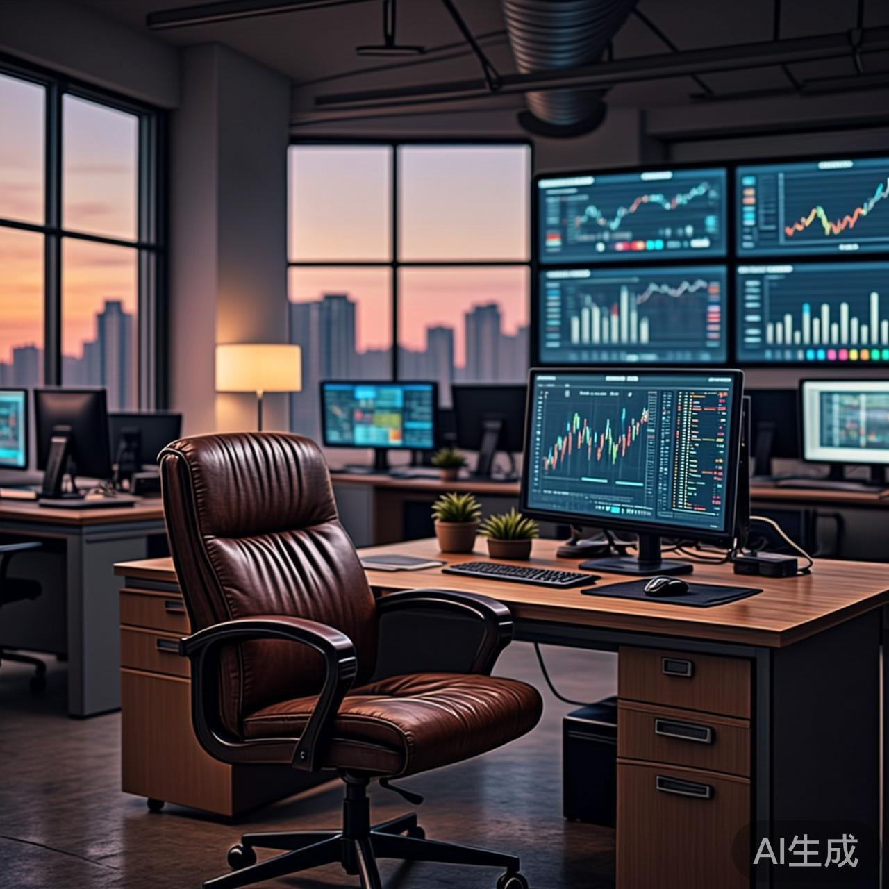 空无一人的总监座位，屏幕上AI仪表盘无声运转