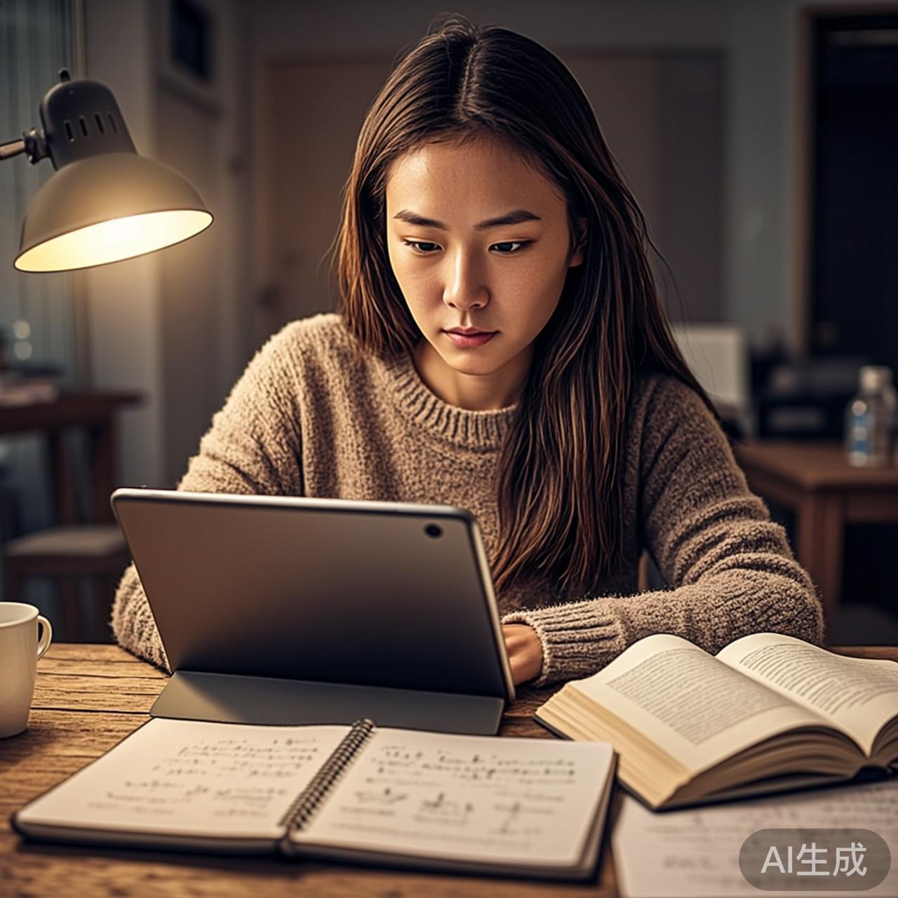 学生在家里用平板和AI辅导老师互动学习