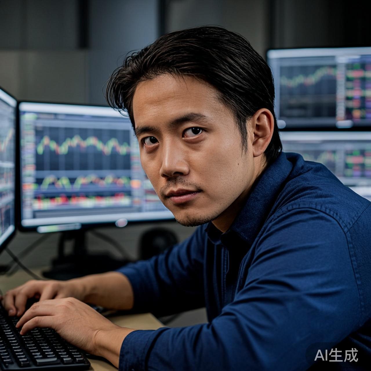 交易员在深夜的办公桌前