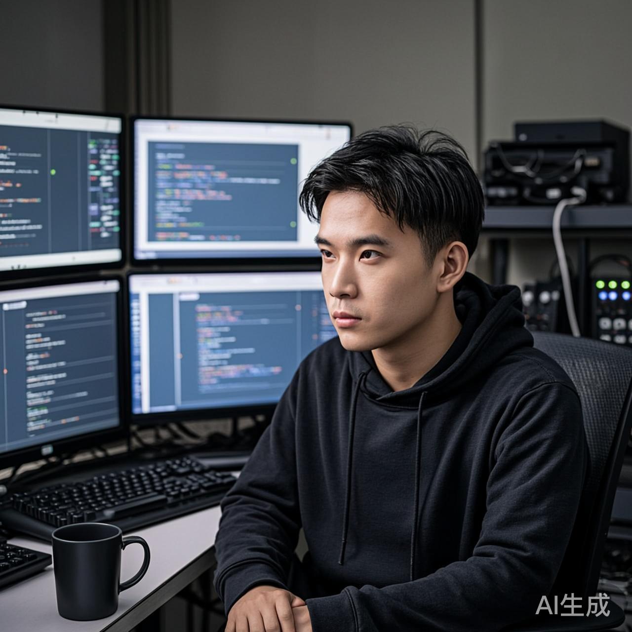 一个程序员独自坐在工位前,五块屏幕上同时运行着不同的AI Agent,实时数据流在屏幕上跳动