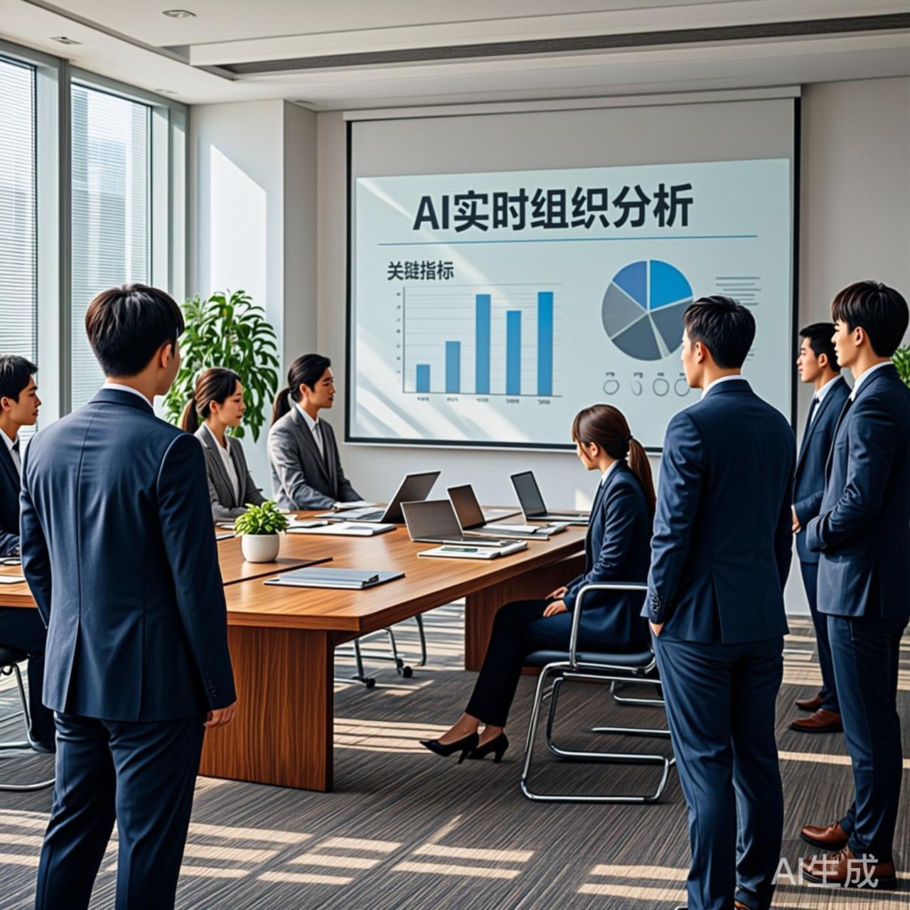 真实的现代化办公室内,员工们坐在工位前,大屏幕上显示着实时AI绩效数据看板,有人正在讨论数据,photorealistic corporate office scene
