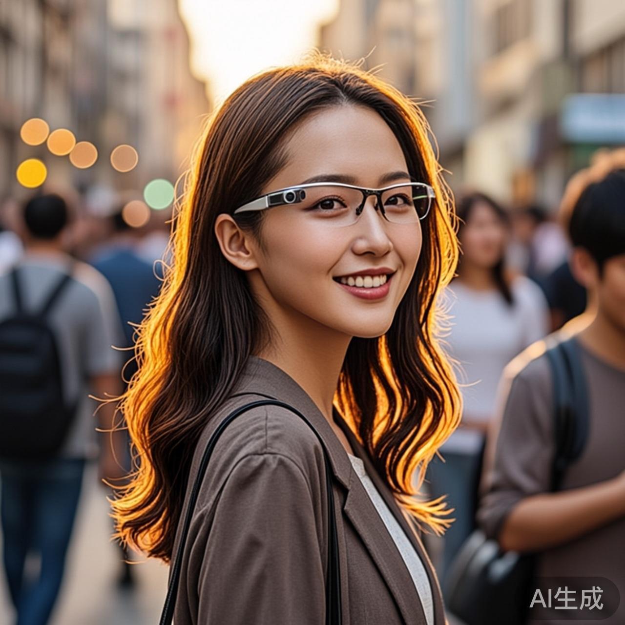 一位年轻女性戴着AI智能眼镜走在城市街道上,眼镜镜腿发出微光
