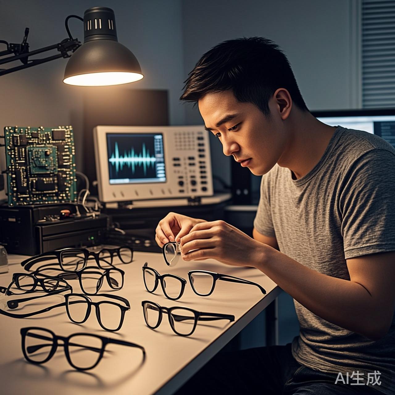 工程师在实验室测试AI智能眼镜原型,桌上放着各种镜框和微型投影模块