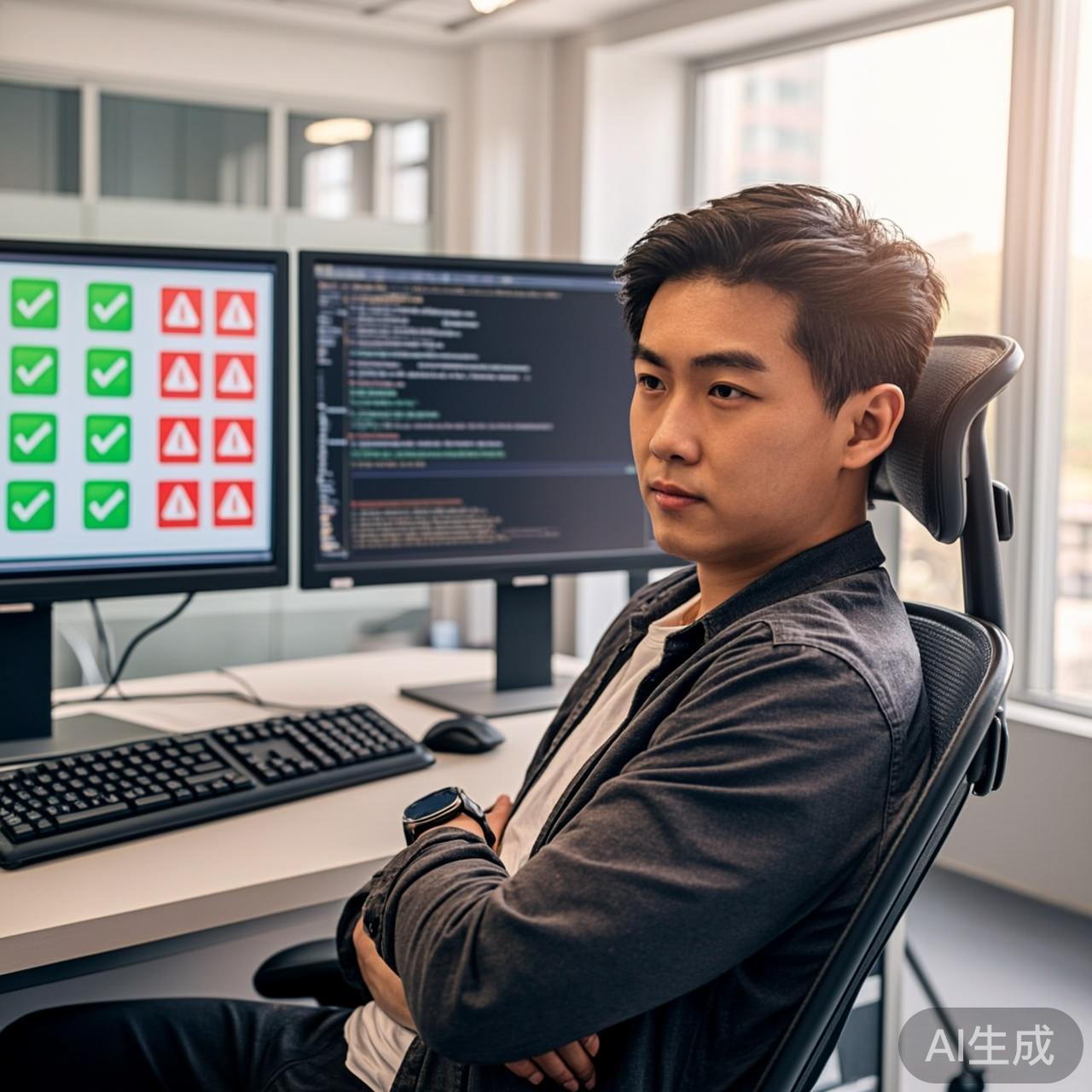 开发者在工位上盯着AI安全扫描报告