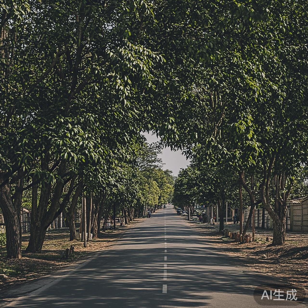 午后阳光透过茂密的梧桐叶,在老城区街道上投下斑驳光影,远处有老人摇着蒲扇乘凉