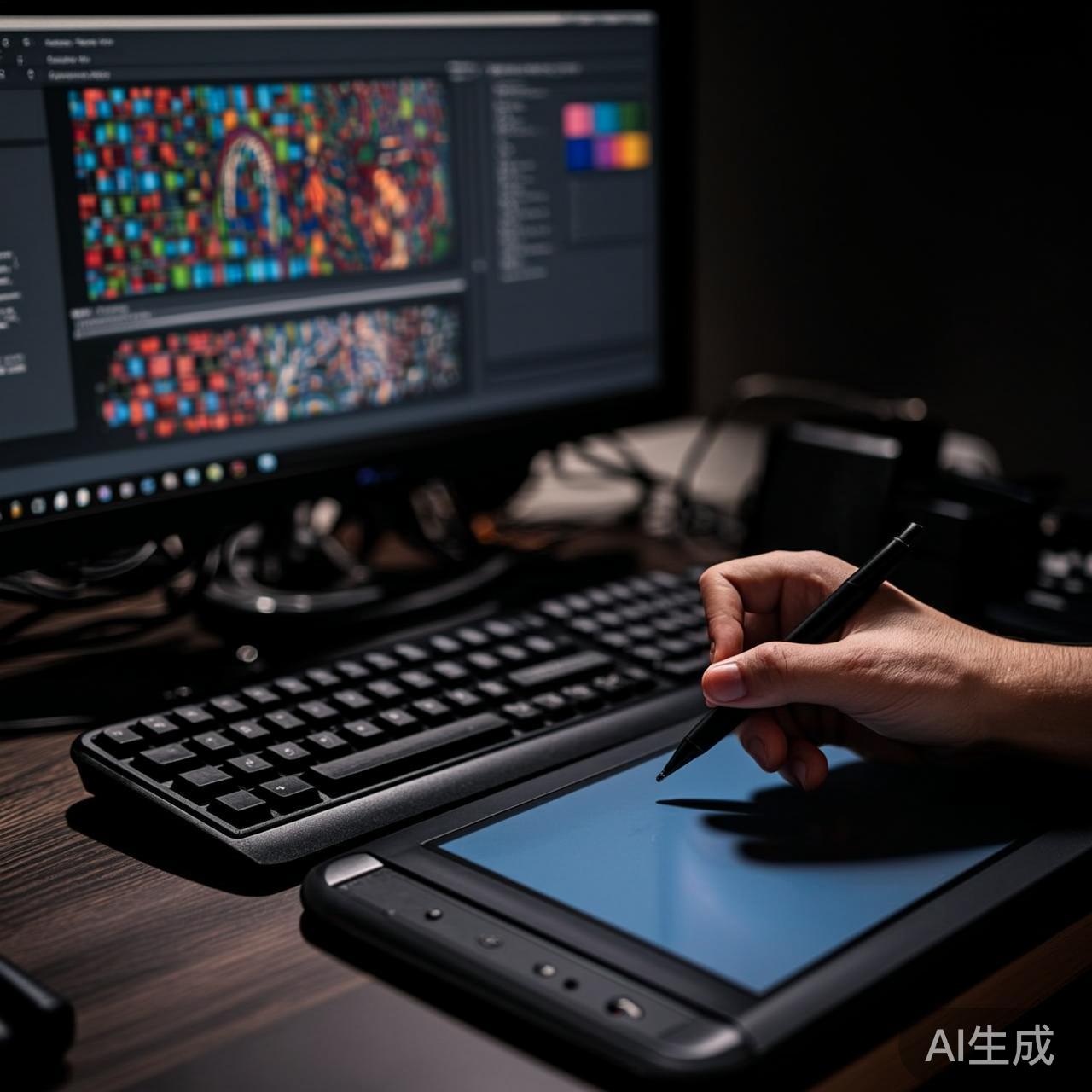 艺术家在深夜的电脑屏幕前给数字作品嵌入防AI水印