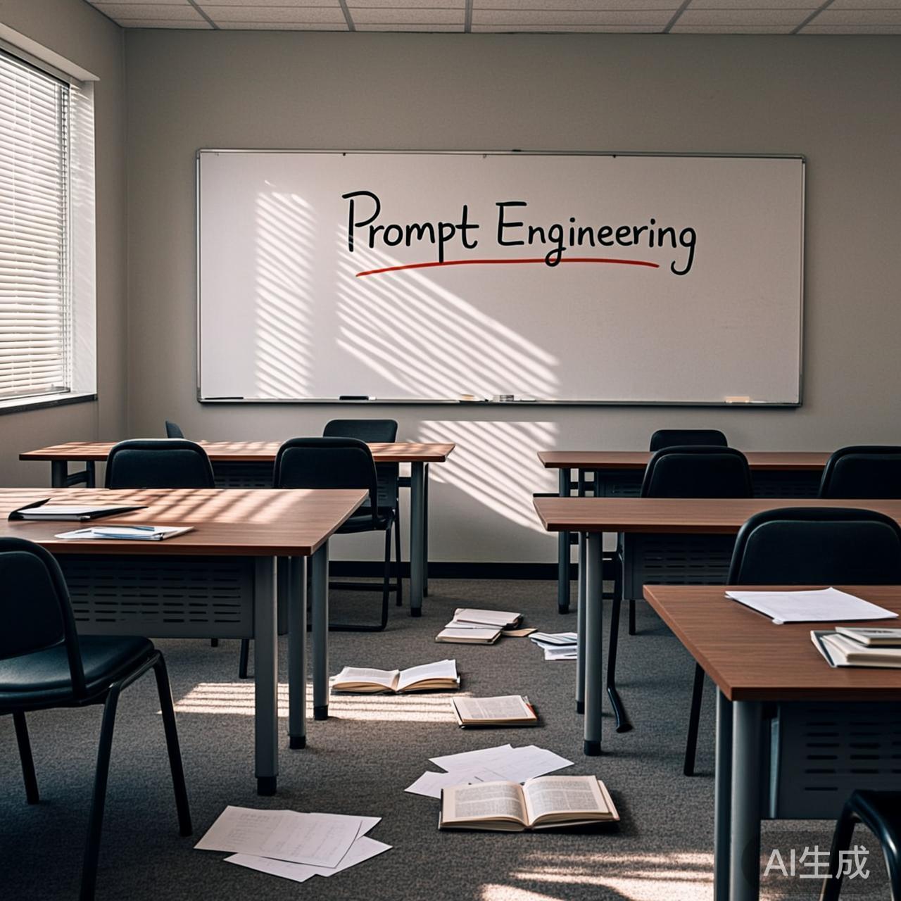 空无一人的培训教室，黑板上写着Prompt Engineering