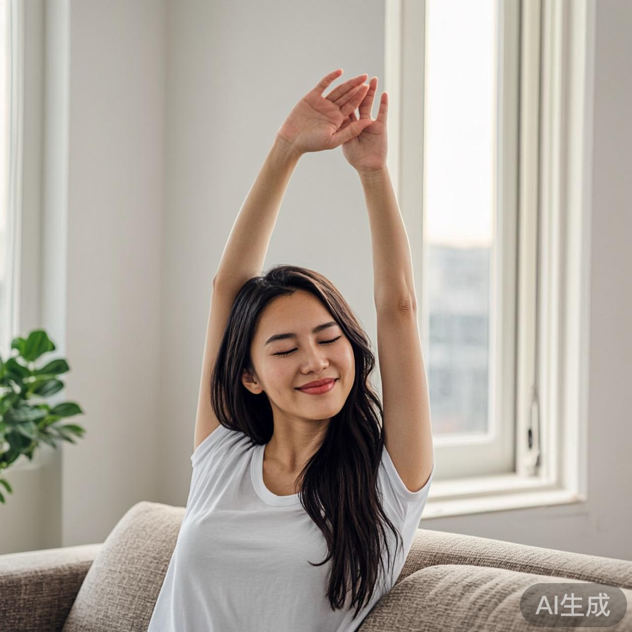 一个女生站在清爽整洁的房间里，阳光洒进来，她伸了个懒腰