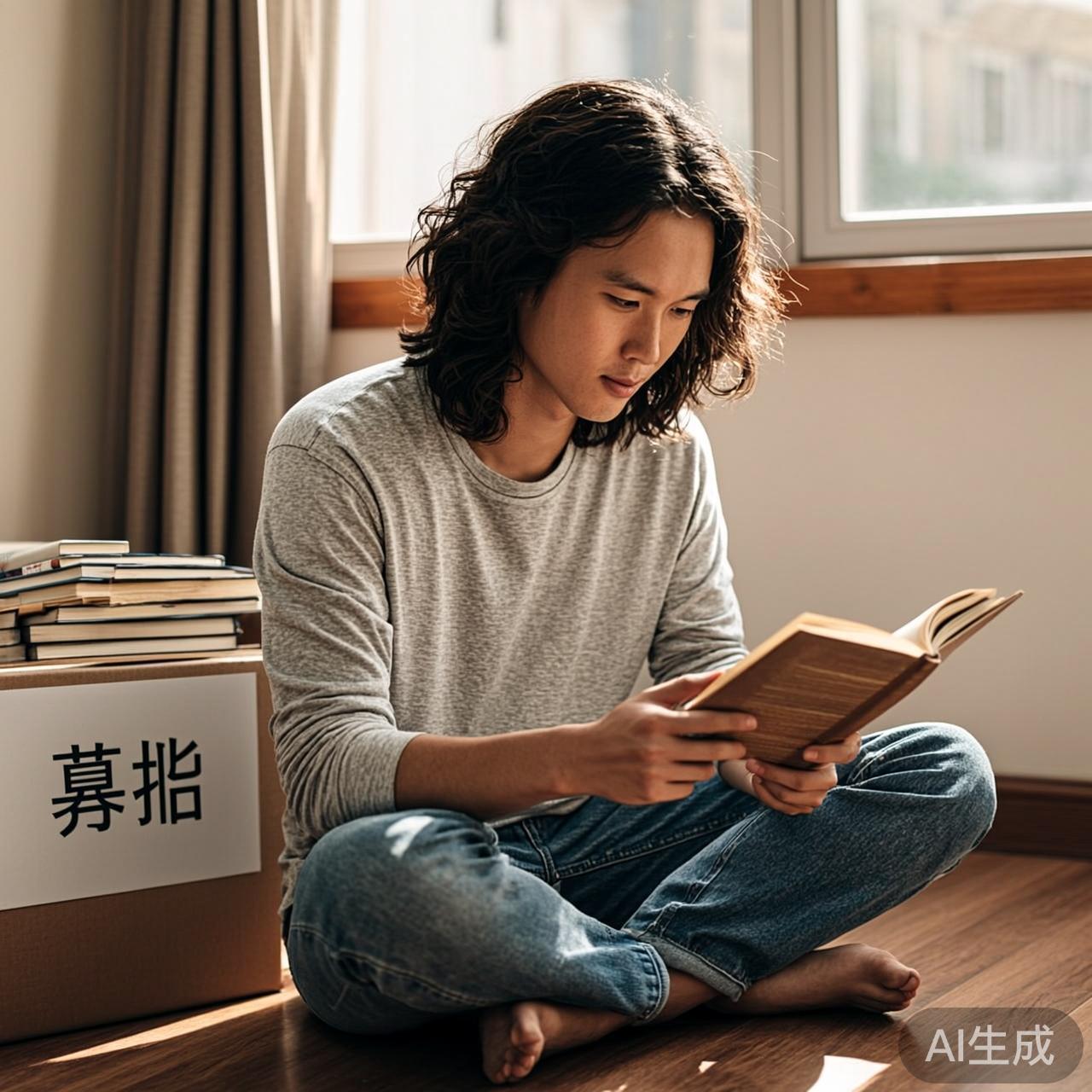 一个人坐在只放了必需品的地板上，翻看一本旧相册，旁边是一个纸箱