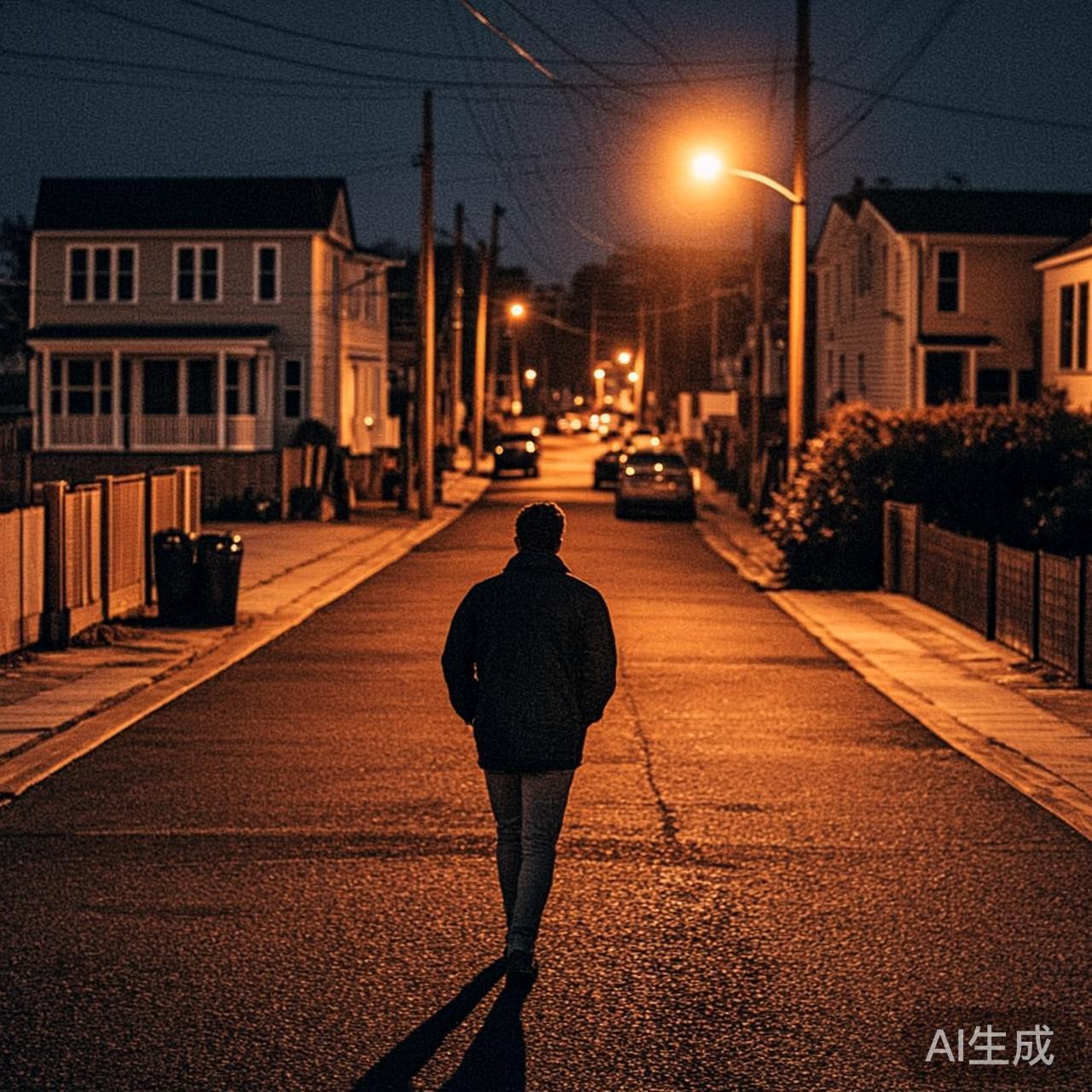 夜幕下独自散步的人影