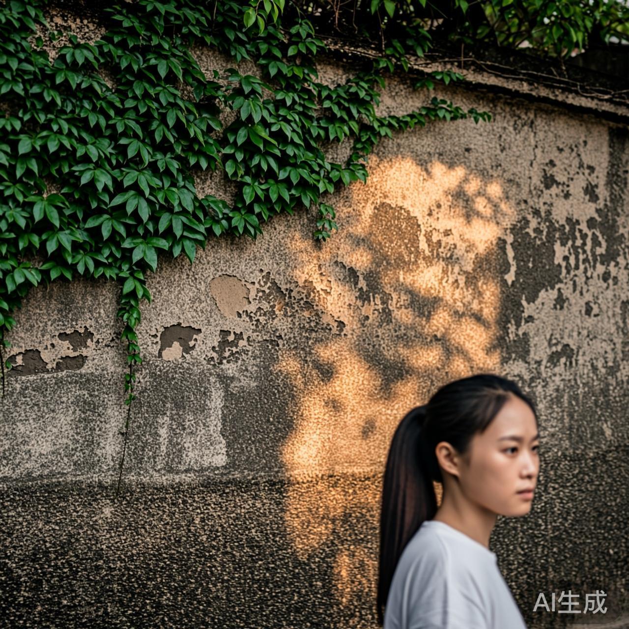 街角偶遇的风景,阳光穿过树叶洒在老墙上