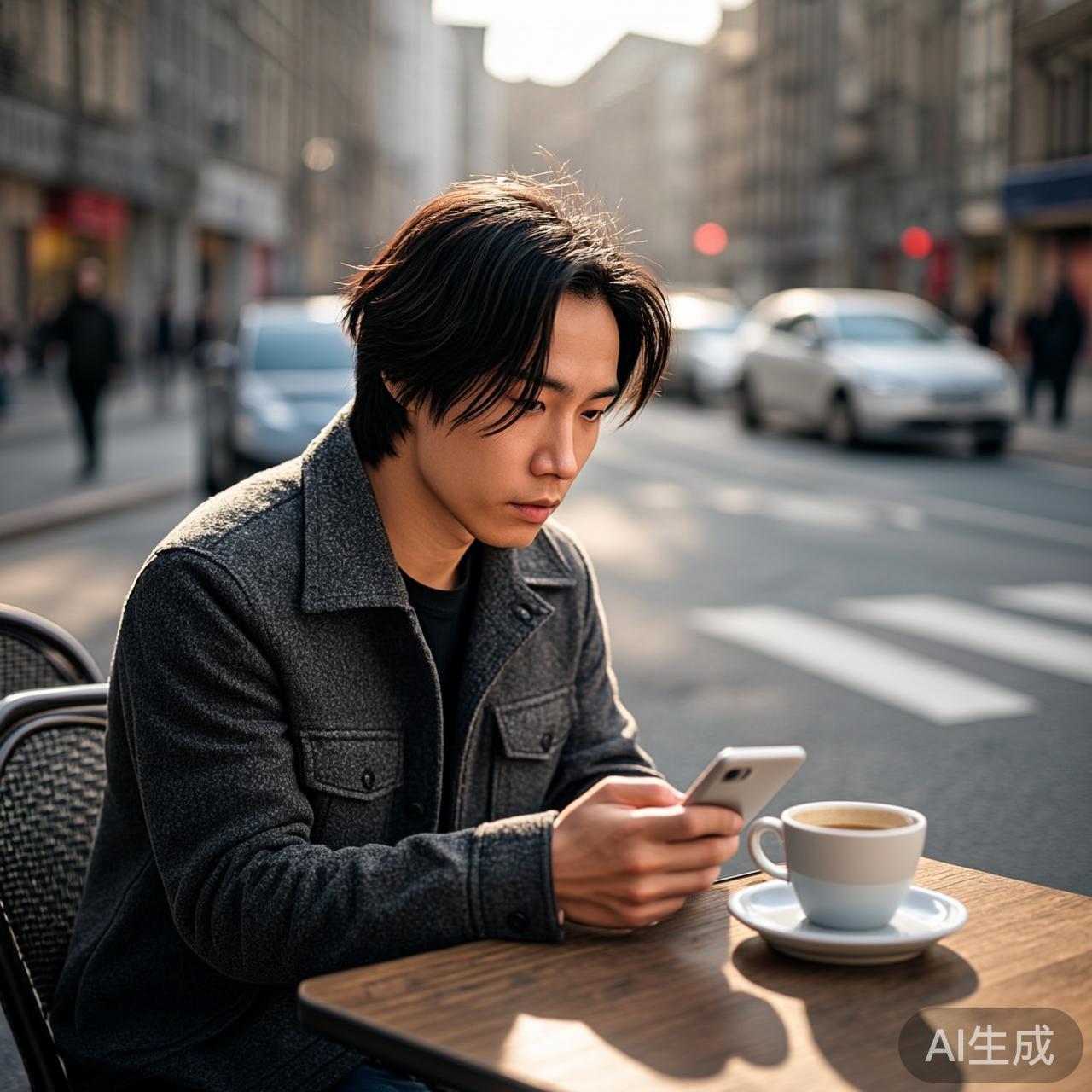 一个人在咖啡馆等待回复