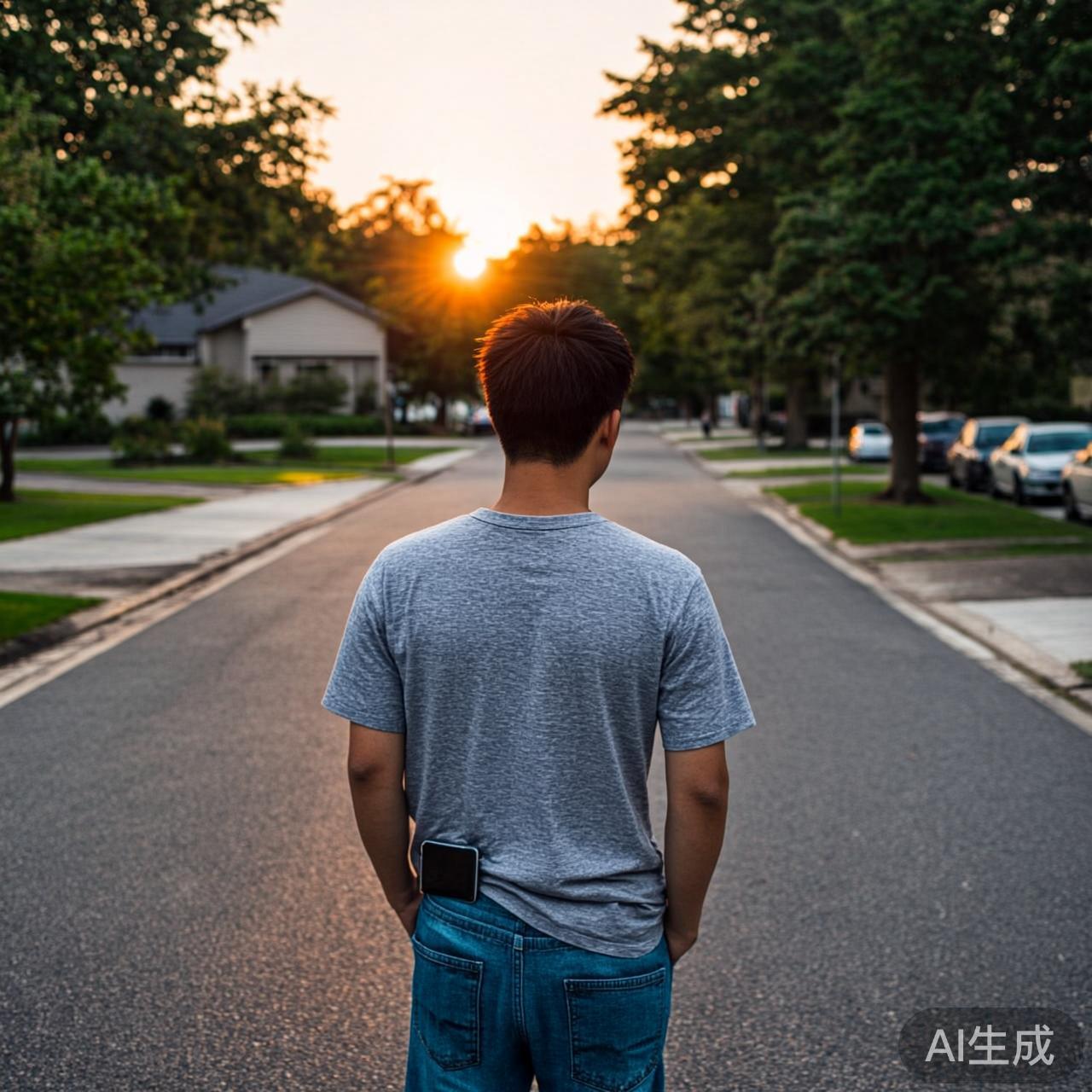 黄昏的街道,一个人不再盯着手机