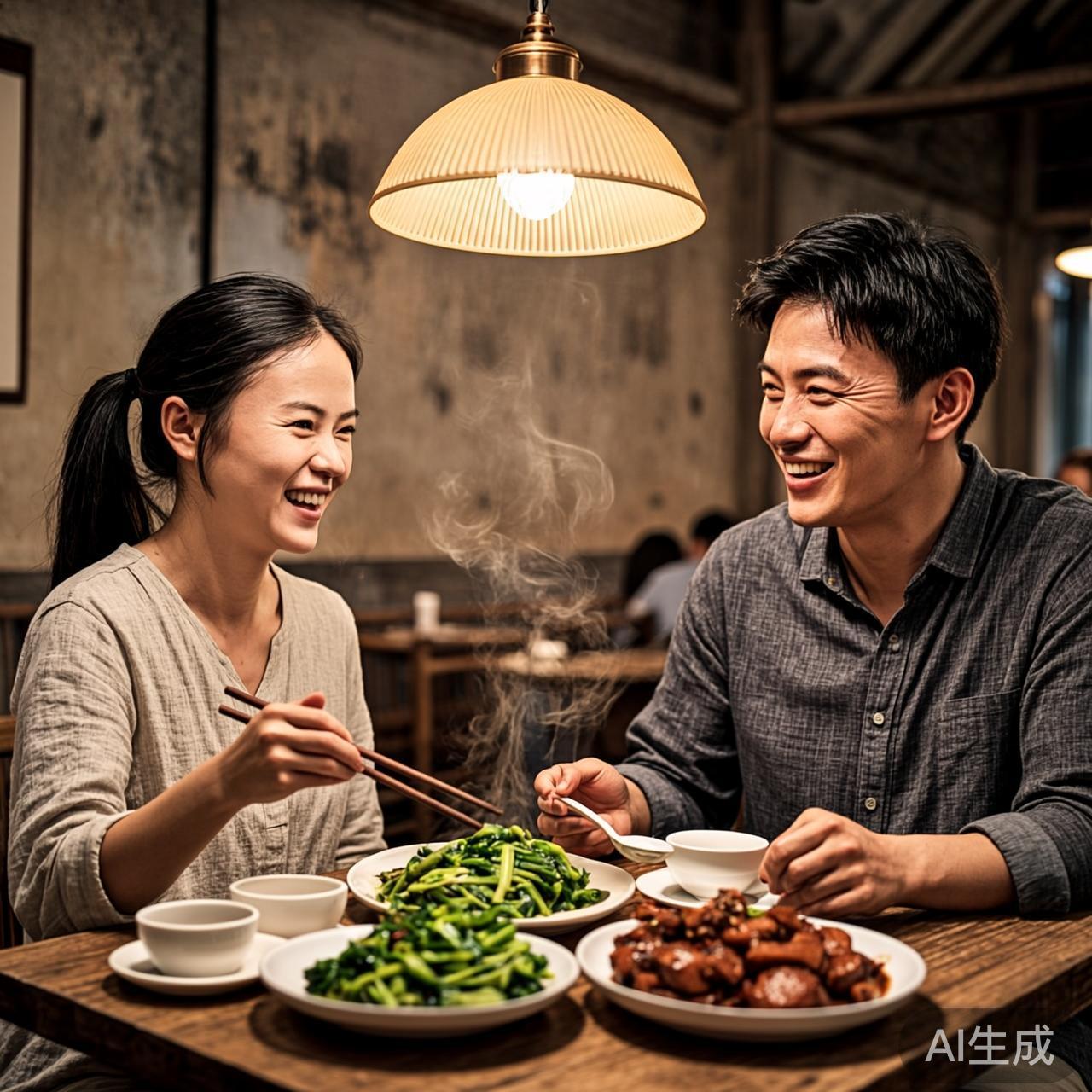 一个小餐馆里，两个人面对面坐着吃饭聊天，桌上几道家常菜，暖黄色灯光