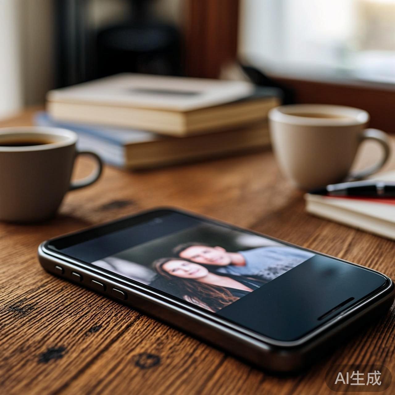 杂乱的桌面上一部手机亮着屏幕，上面是一张模糊的家庭老照片