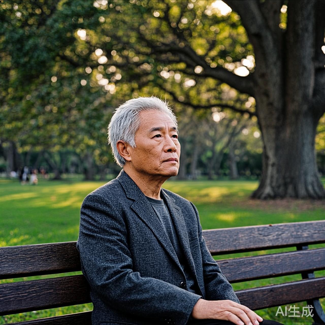 阳光洒在公园长椅上，一个人静静坐着