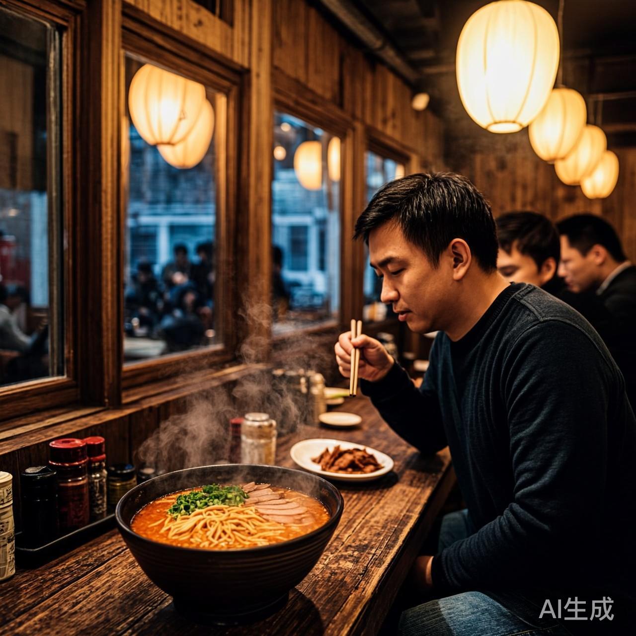 深夜的居酒屋吧台，一个人对着冒着热气的拉面，灯光温暖昏黄