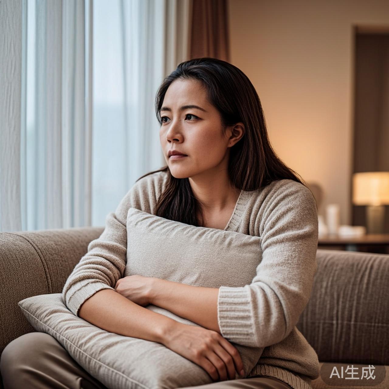 一个人坐在沙发上抱着抱枕