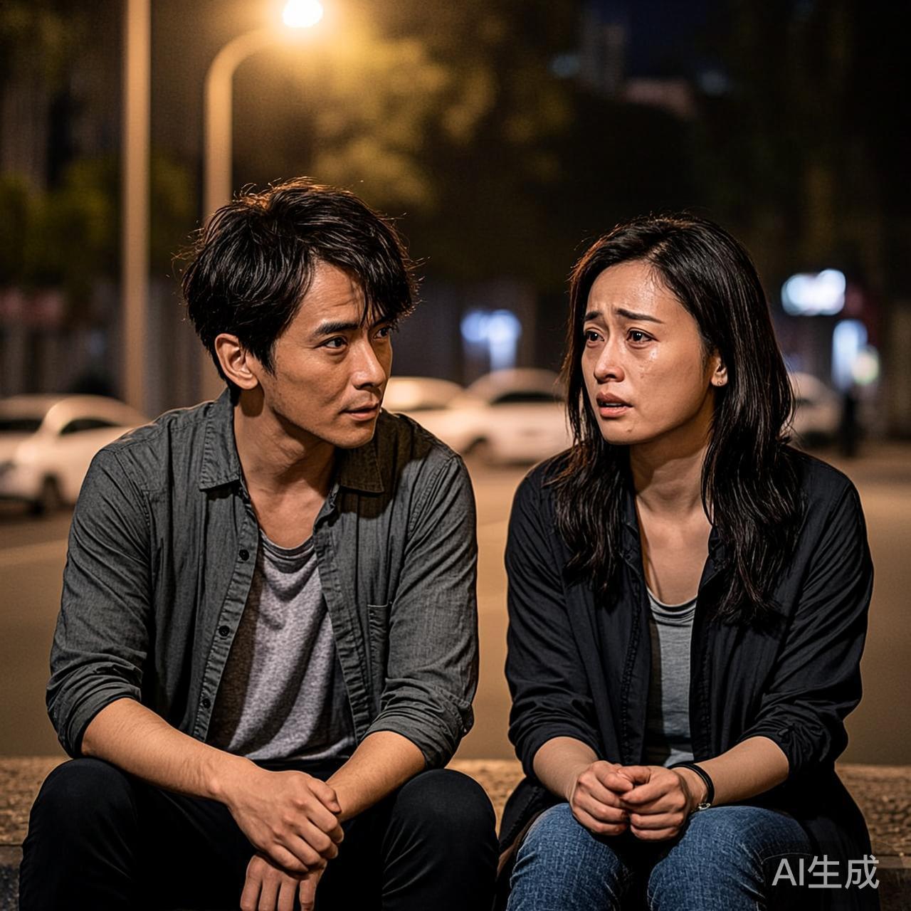 两个朋友坐在深夜的台阶上聊天,一个人侧头倾听另一个