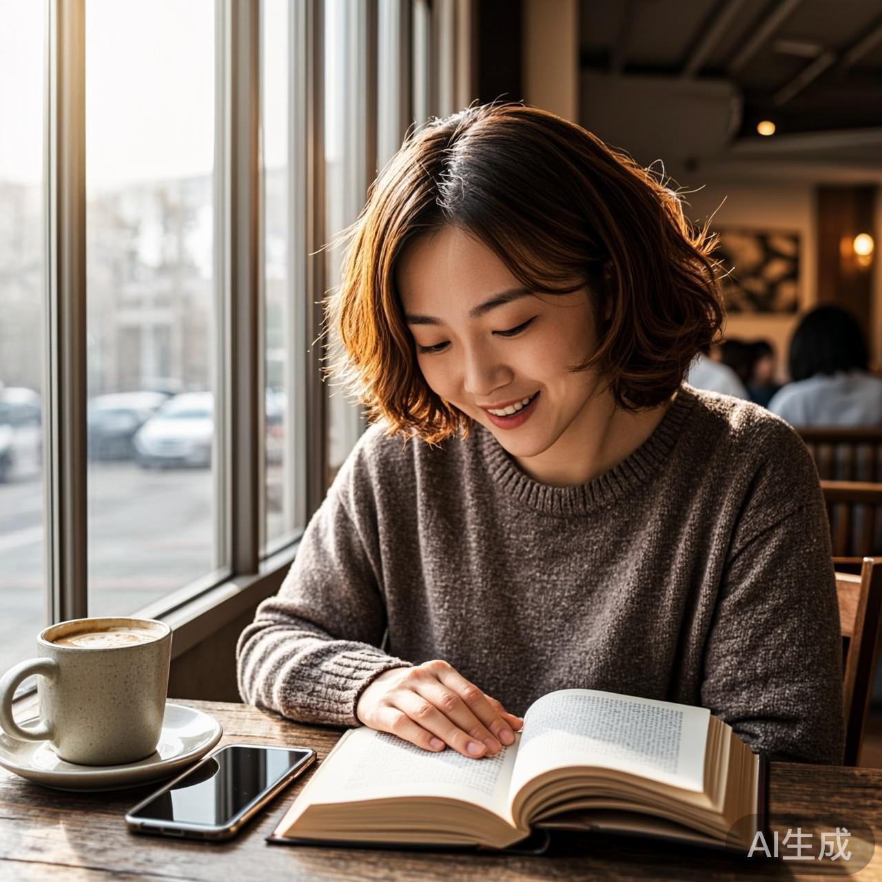 一个人坐在靠窗的咖啡馆座位上,手边放着一本书和一杯咖啡,阳光洒在桌面上,手机屏幕朝下扣在桌上,写实街拍风格