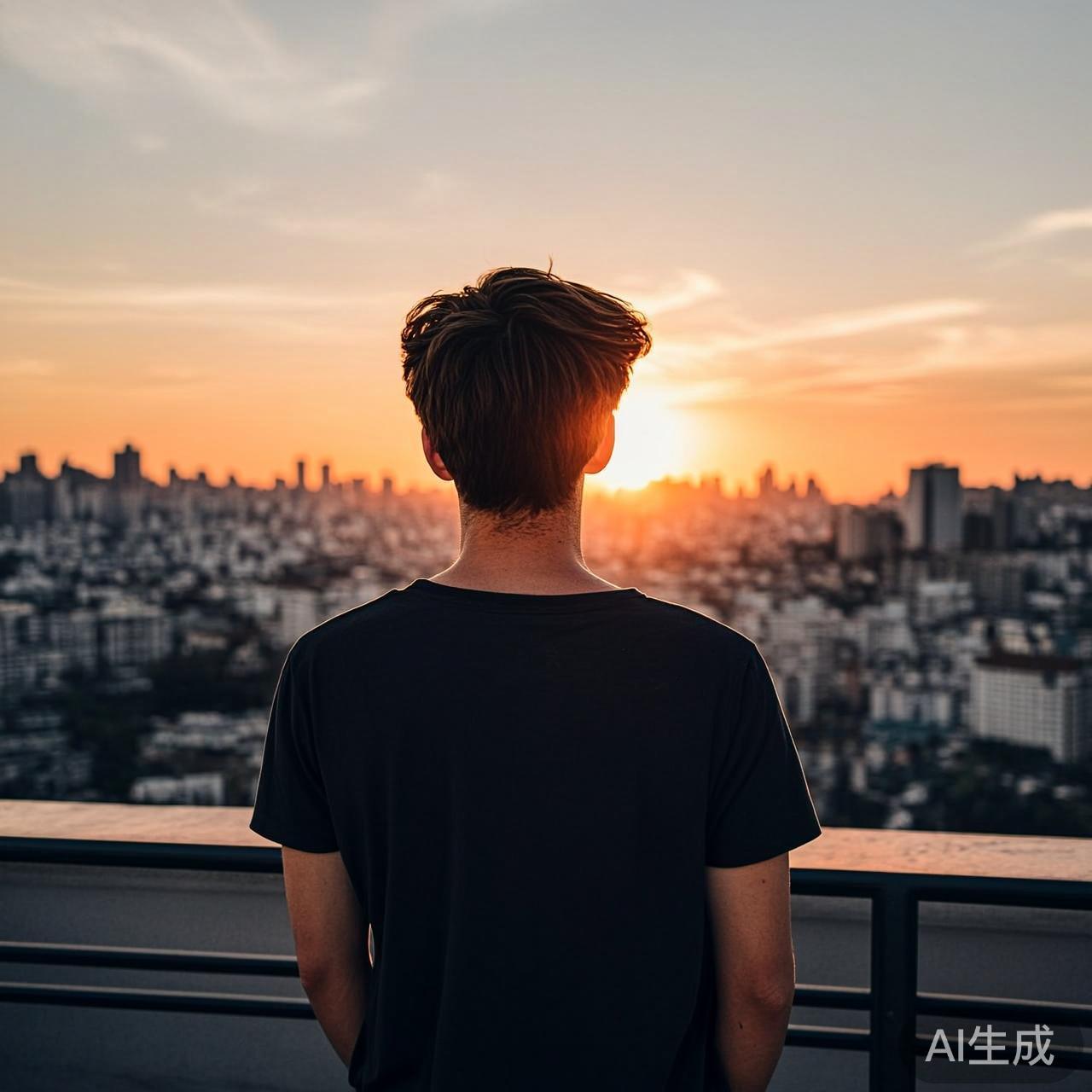 黄昏时分一个人站在天台上眺望城市,夕阳橙金色的光线,背影松弛自然,写实摄影风格
