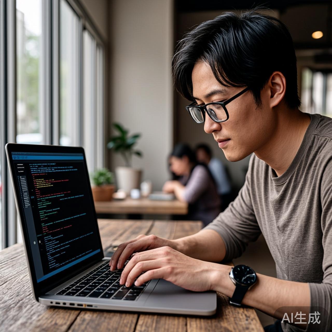 一个程序员坐在咖啡馆里用AI工具编程，笔记本电脑屏幕上显示着代码，旁边放着一杯咖啡，自然光透过窗户照进来，真实摄影风格