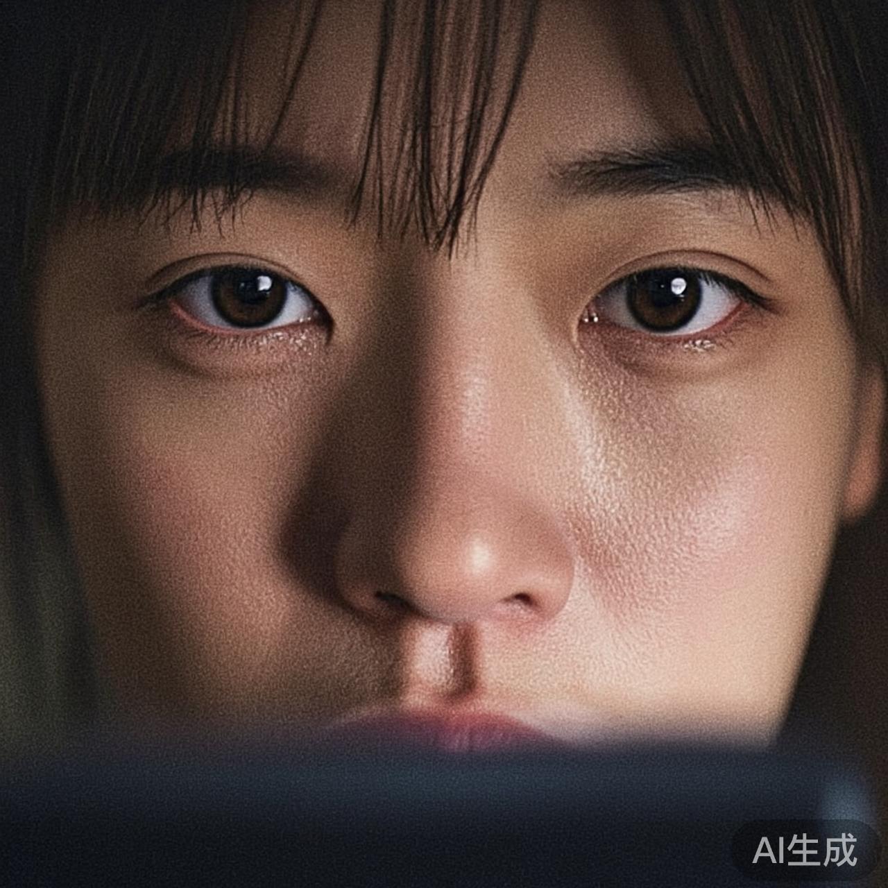 深夜手机屏幕的反光映在疲惫的脸上