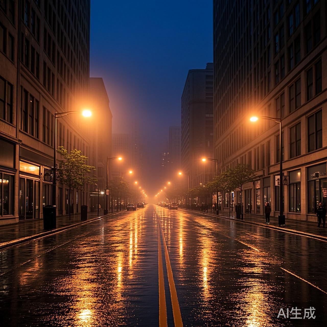 空荡的街道,只有几盏窗户亮着灯