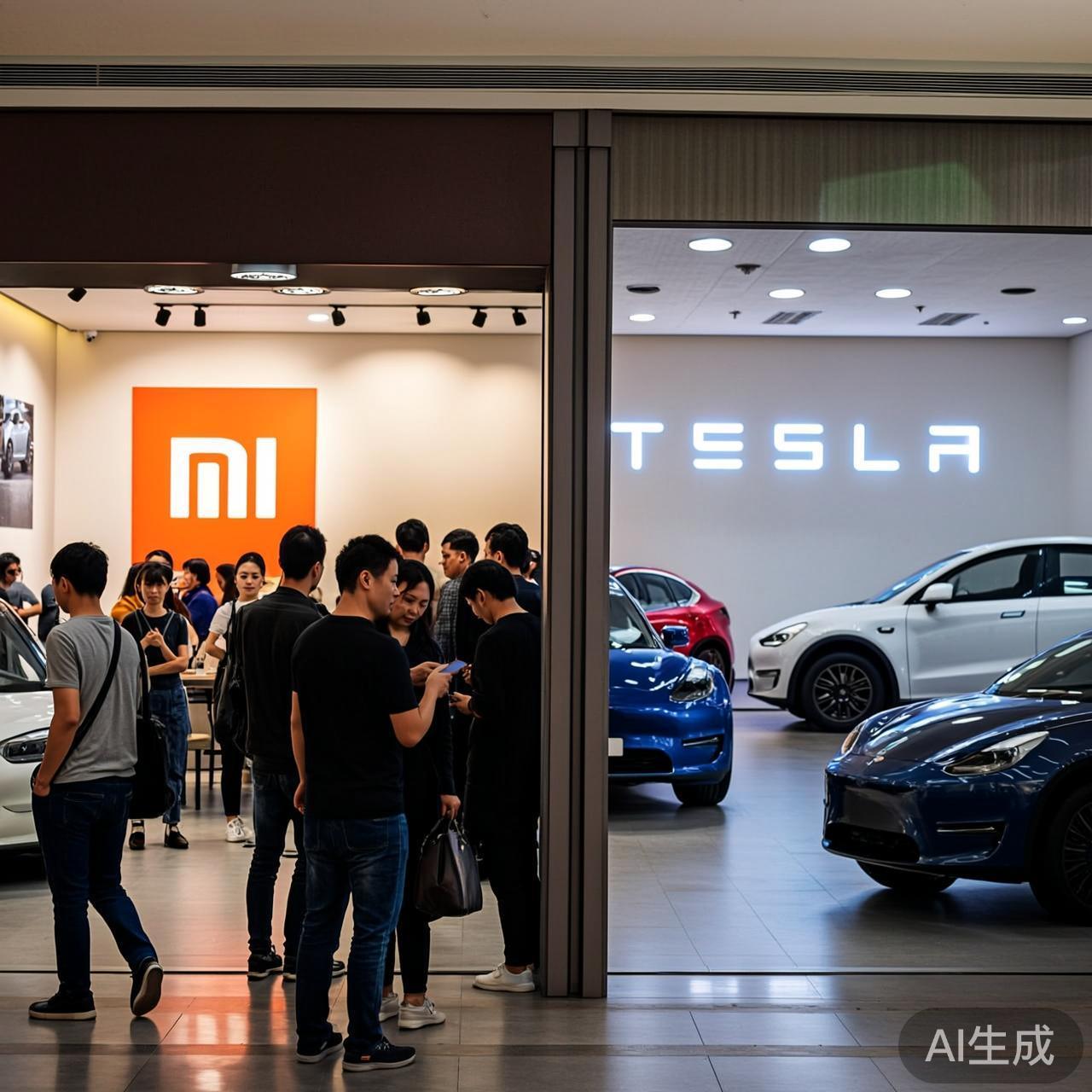 特斯拉展厅冷清,对面小米汽车门店人潮涌动
